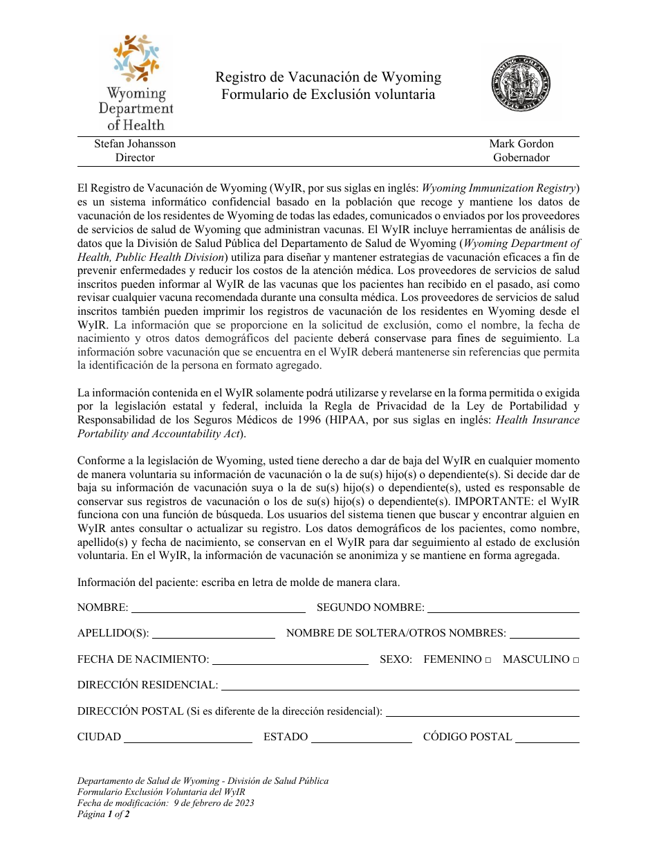 Formulario Exclusion Voluntaria Del Wyir - Wyoming (Spanish), Page 1