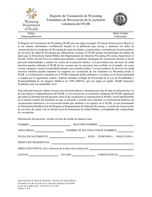 Formulario De Revocacion De La Exclusion Voluntaria Del Wyir - Wyoming (Spanish)