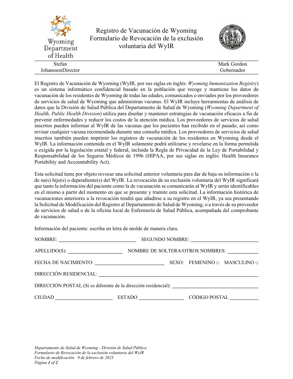 Formulario De Revocacion De La Exclusion Voluntaria Del Wyir - Wyoming (Spanish), Page 1