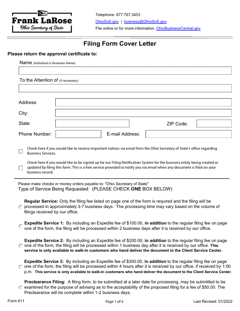 Form 611 Domestic Limited Liability Company Certificate of Amendment or Restatement - Ohio