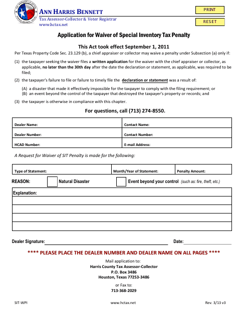 Application for Waiver of Special Inventory Tax Penalty - Harris County, Texas Download Pdf