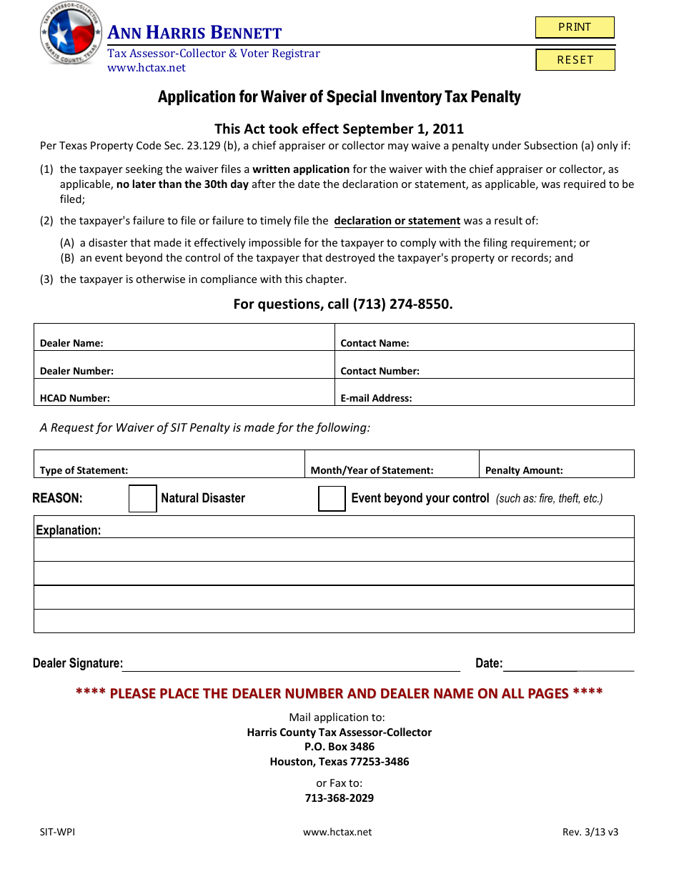 Application for Waiver of Special Inventory Tax Penalty - Harris County, Texas, Page 1