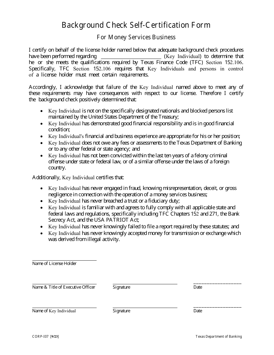 Form CORP-107 Background Check Self-certification Form for Money Services Business - Texas, Page 1