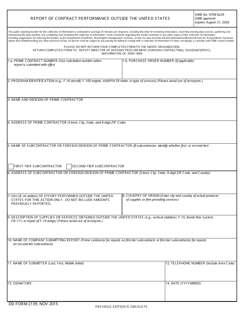 DD Form 2139 Report of Contract Performance Outside the United States, Page 1