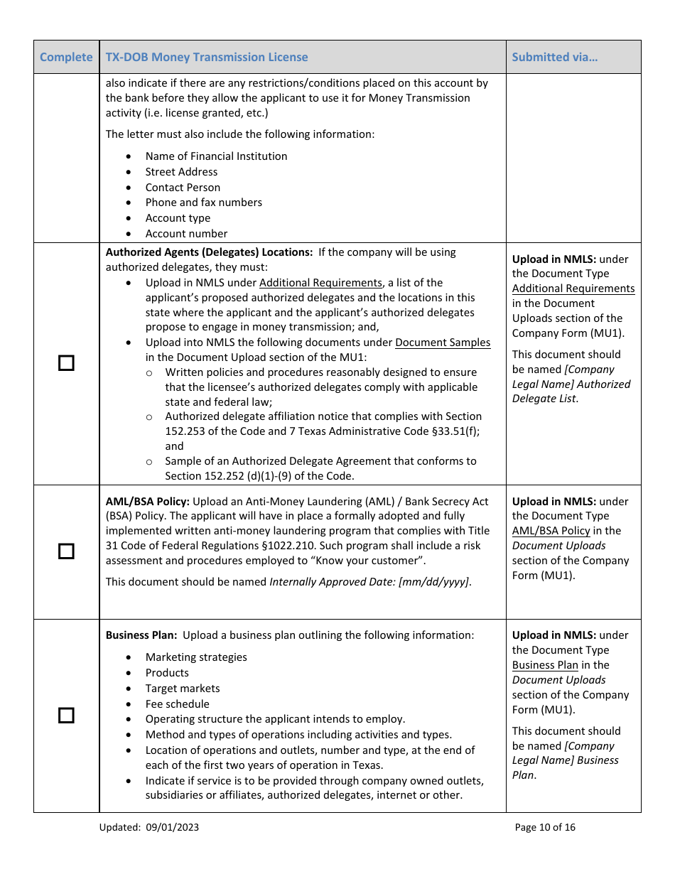 Tx-Dob Money Transmission License New Application Checklist (Company) - Texas, Page 10
