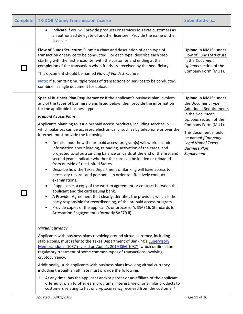 Tx-Dob Money Transmission License New Application Checklist (Company) - Texas, Page 11