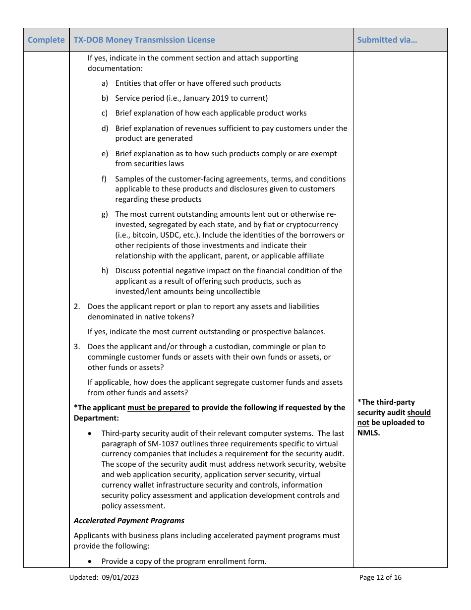 Tx-Dob Money Transmission License New Application Checklist (Company) - Texas, Page 12
