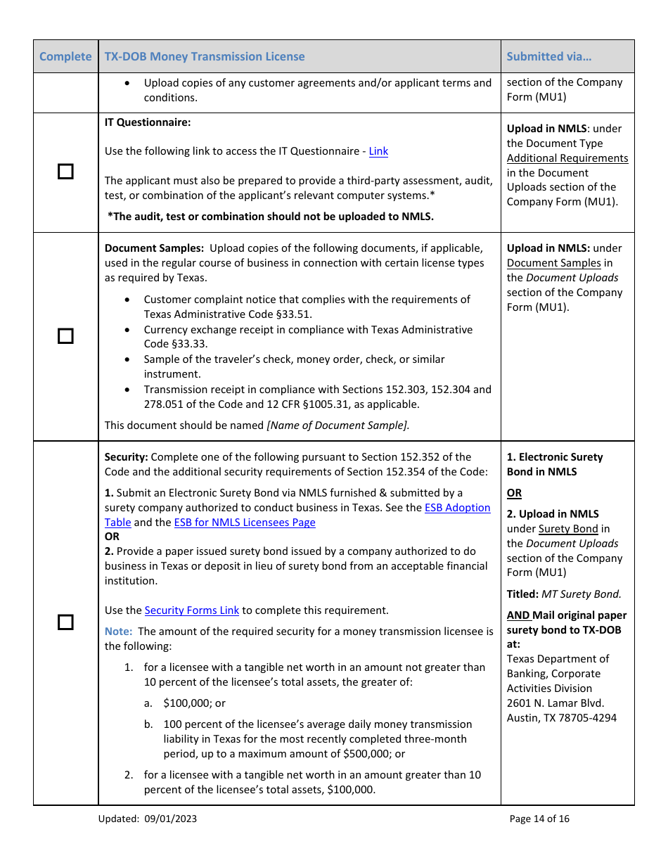 Tx-Dob Money Transmission License New Application Checklist (Company) - Texas, Page 14