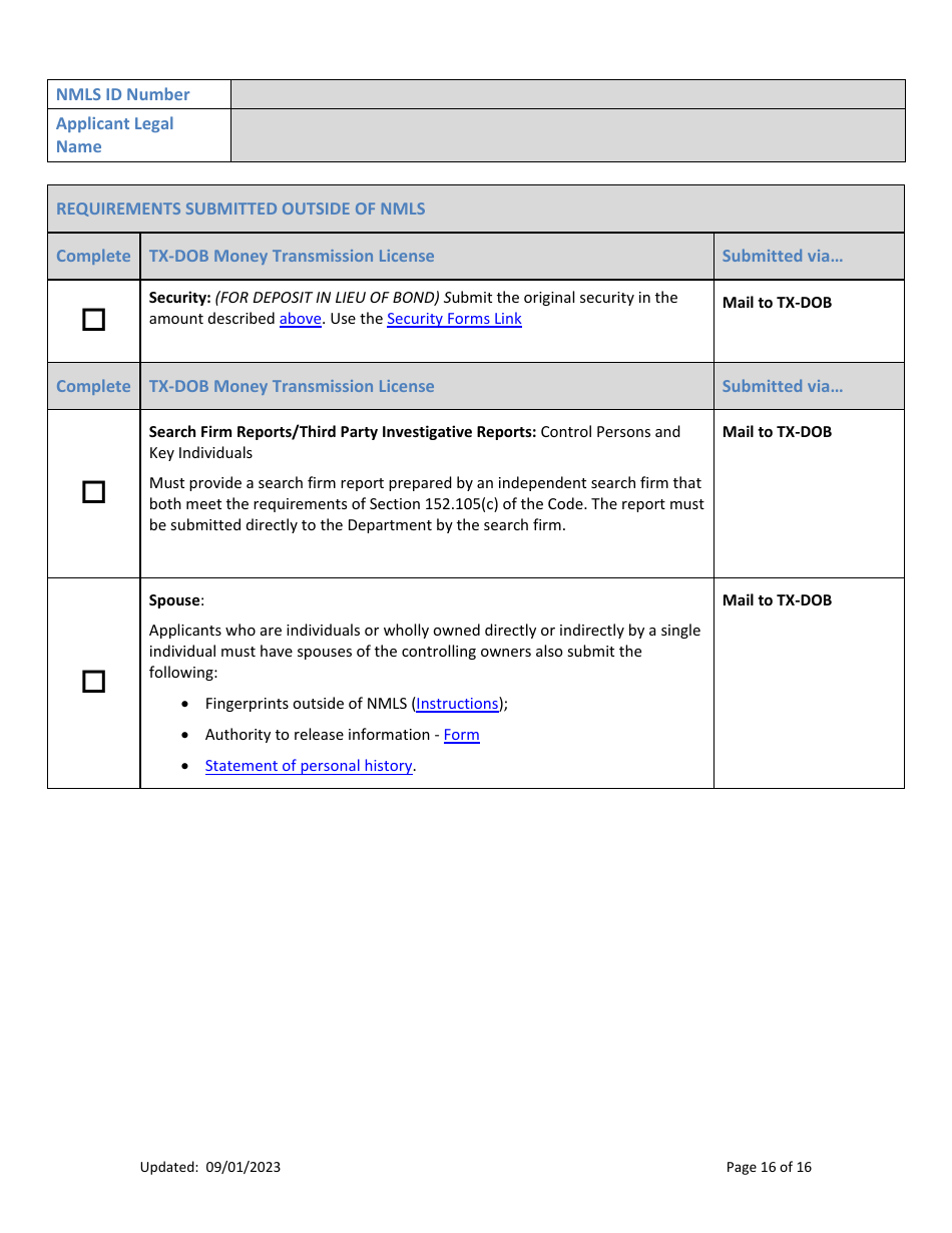 Tx-Dob Money Transmission License New Application Checklist (Company) - Texas, Page 16