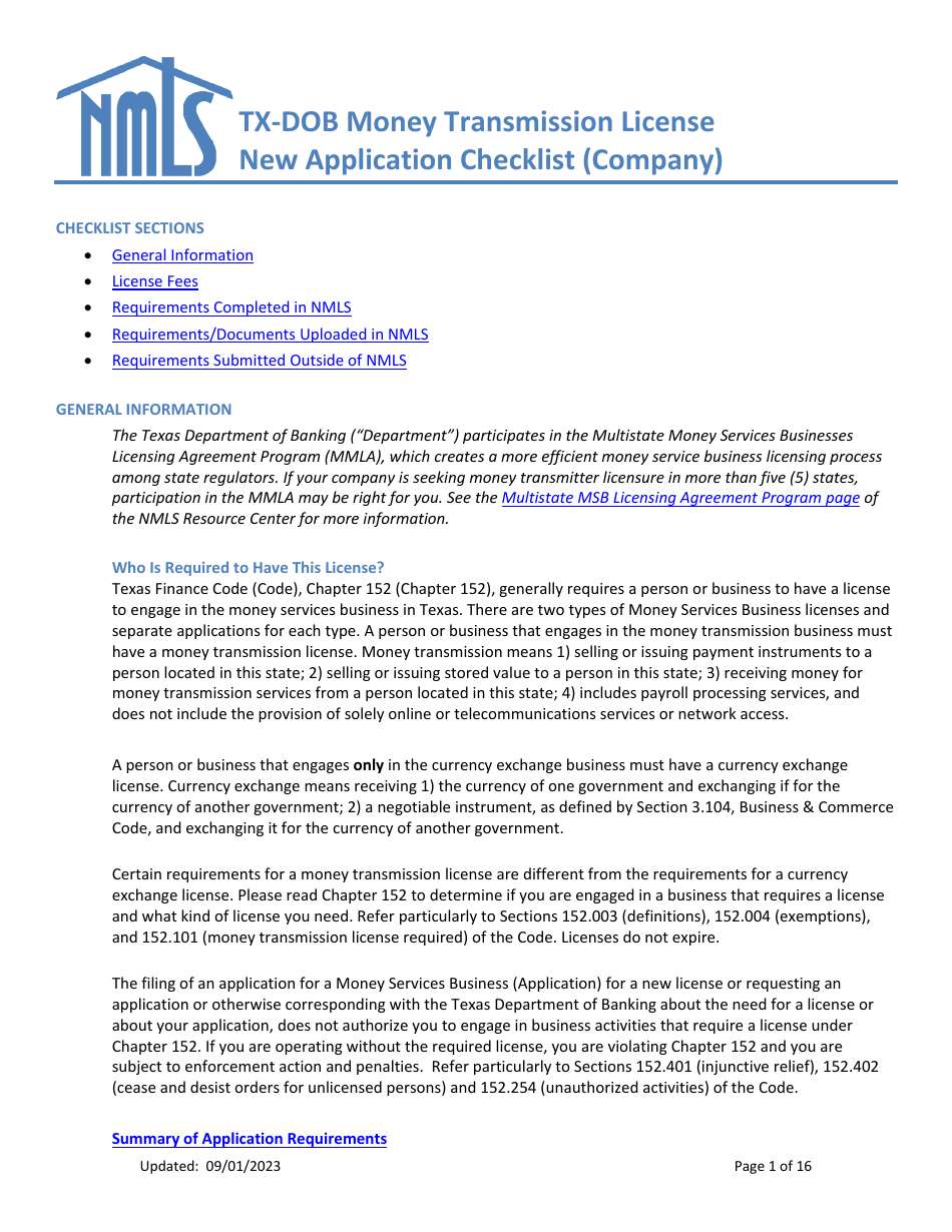 Tx-Dob Money Transmission License New Application Checklist (Company) - Texas, Page 1
