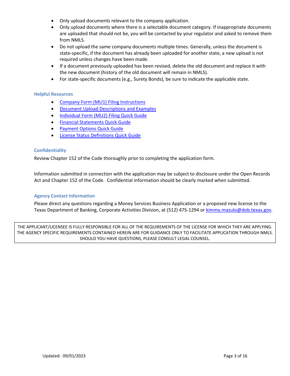 Tx-Dob Money Transmission License New Application Checklist (Company) - Texas, Page 3