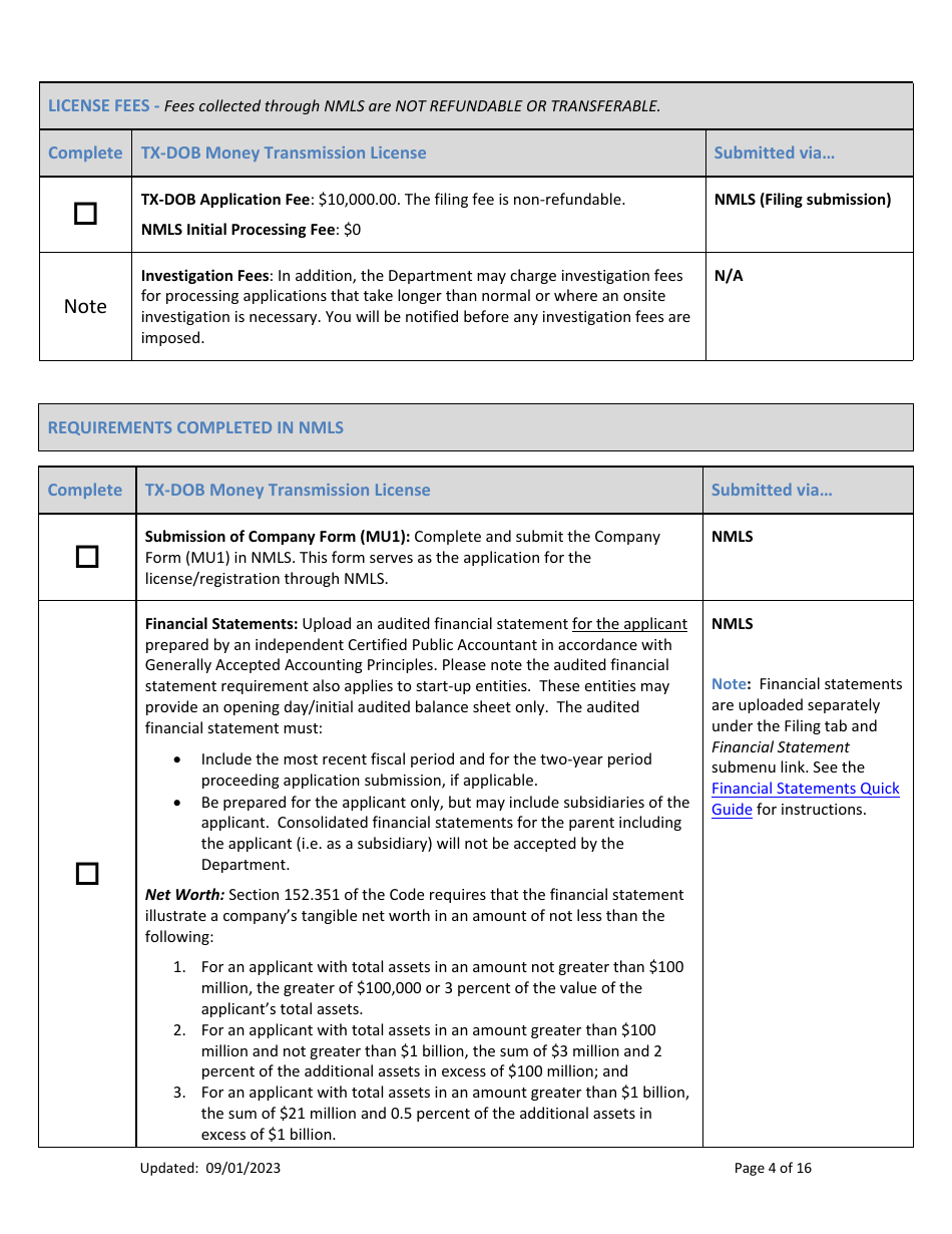 Tx-Dob Money Transmission License New Application Checklist (Company) - Texas, Page 4