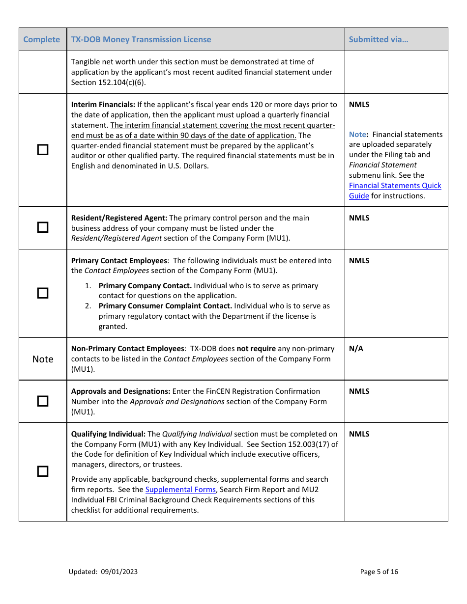 Tx-Dob Money Transmission License New Application Checklist (Company) - Texas, Page 5