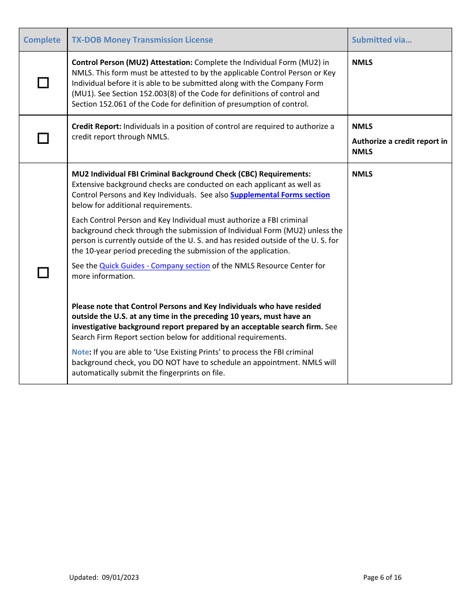 Tx-Dob Money Transmission License New Application Checklist (Company) - Texas, Page 6