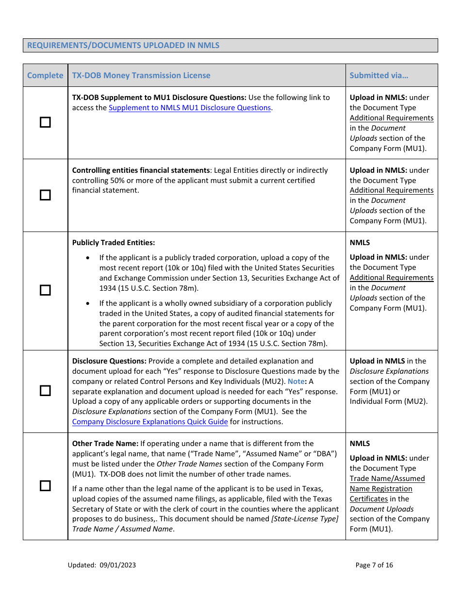 Tx-Dob Money Transmission License New Application Checklist (Company) - Texas, Page 7
