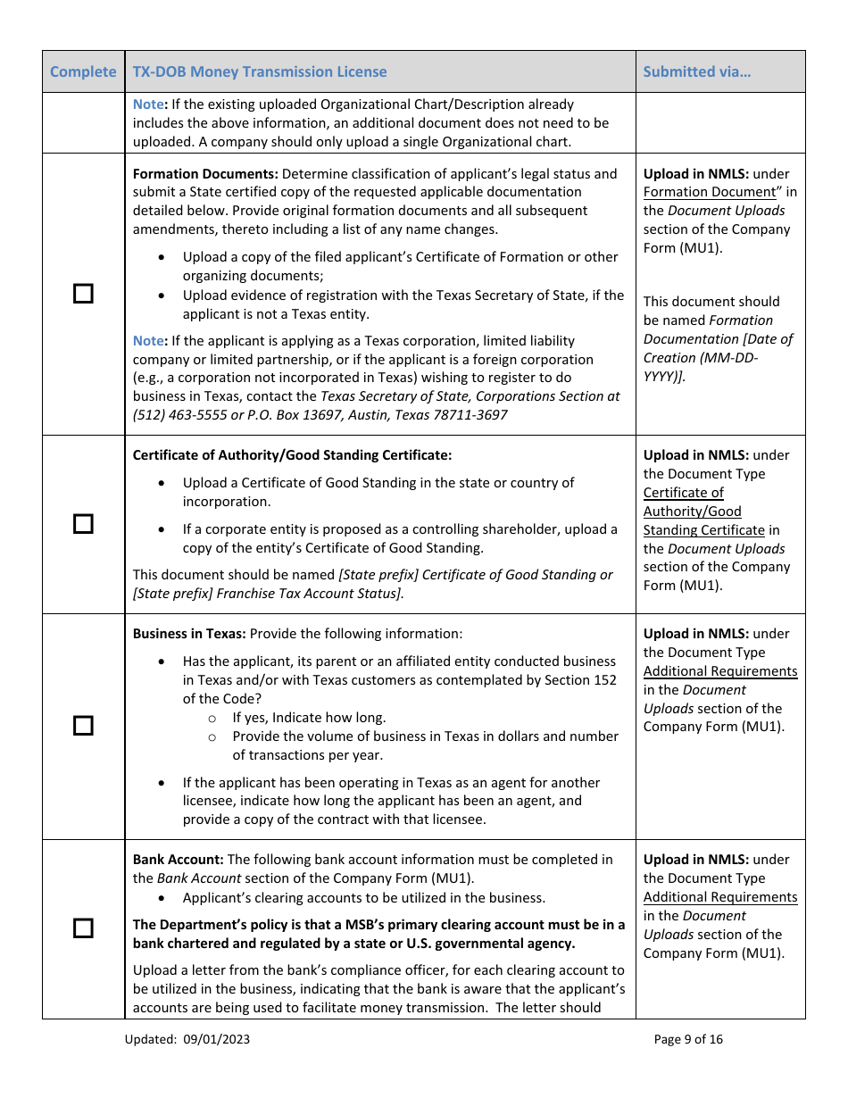 Tx-Dob Money Transmission License New Application Checklist (Company) - Texas, Page 9