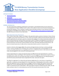 Document preview: Tx-Dob Money Transmission License New Application Checklist (Company) - Texas