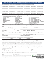Document preview: Child Care Program Record Check Authorization Form - Multi-Site Child Care Programs - Vermont