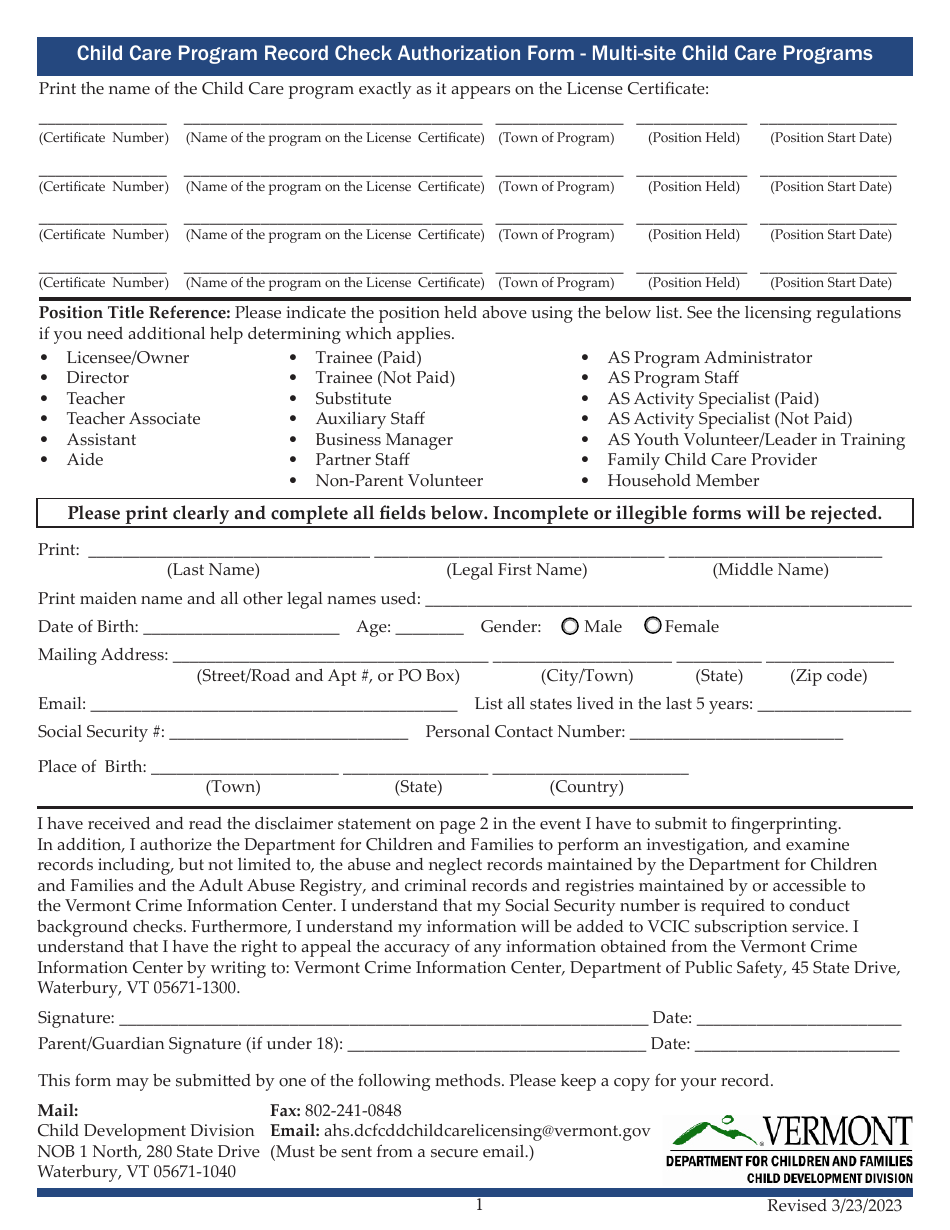 Child Care Program Record Check Authorization Form - Multi-Site Child Care Programs - Vermont, Page 1