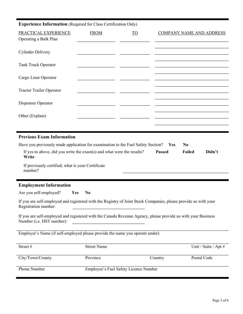 Fuel Safety Initial Application Form - Nova Scotia, Canada, Page 3