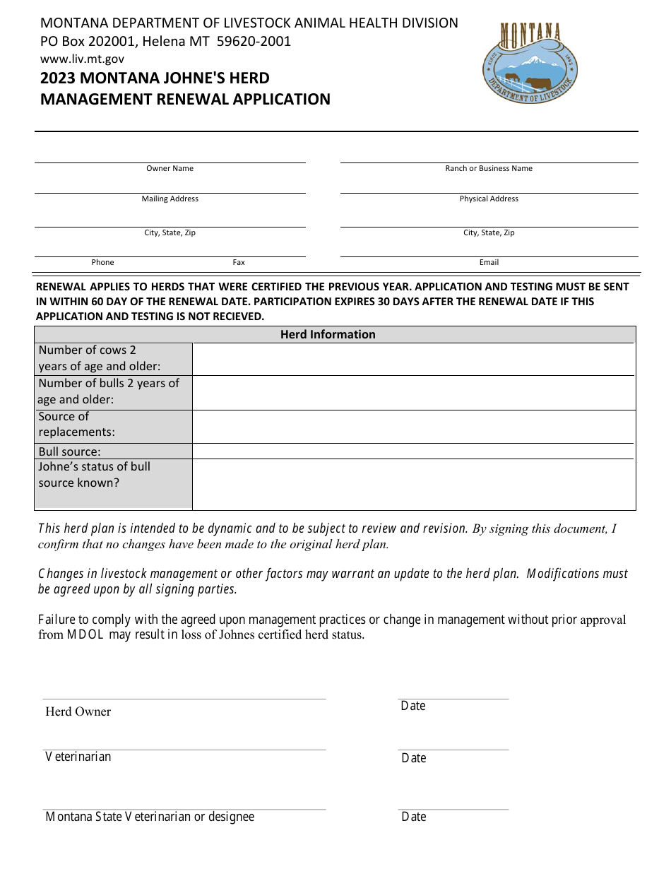 Montana Johnes Herd Management Renewal Application - Montana, Page 1