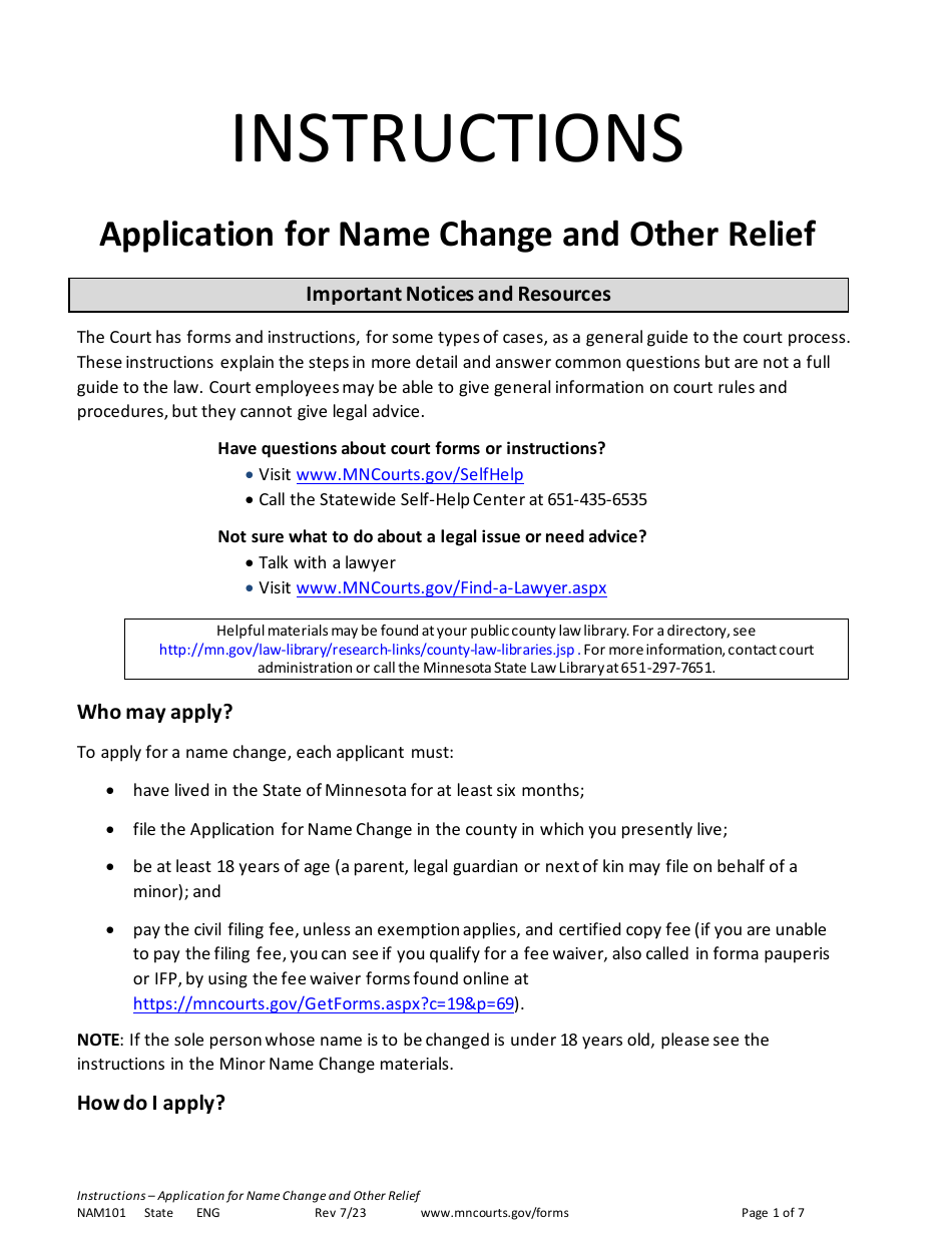 Form NAM101 Instructions - Application for Name Change and Other Relief - Minnesota, Page 1