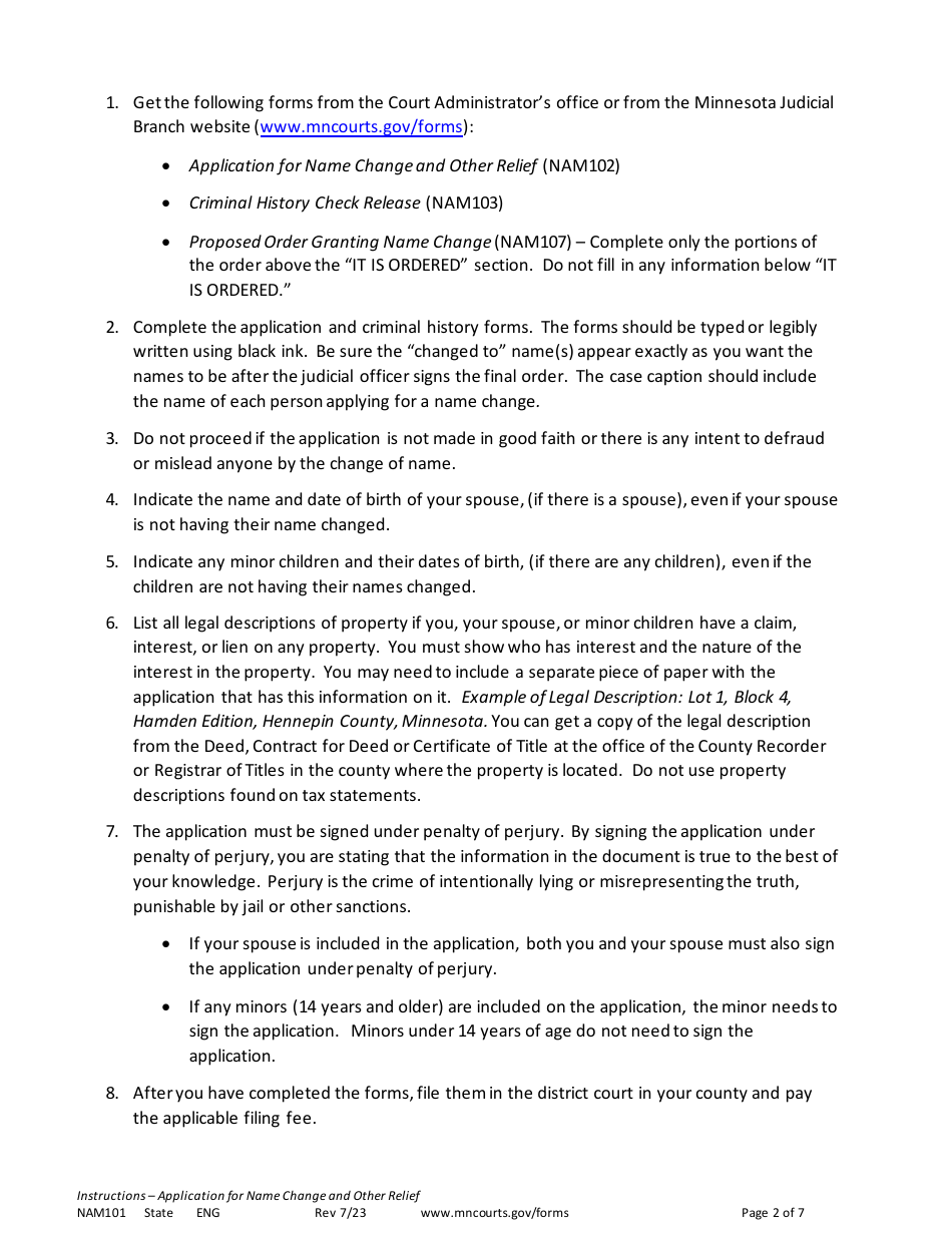 Form NAM101 Instructions - Application for Name Change and Other Relief - Minnesota, Page 2