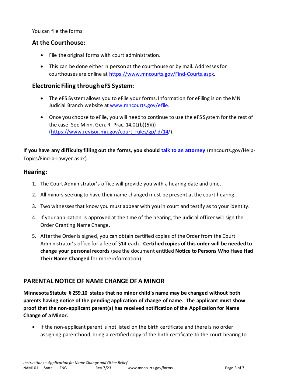 Form NAM101 Instructions - Application for Name Change and Other Relief - Minnesota, Page 3