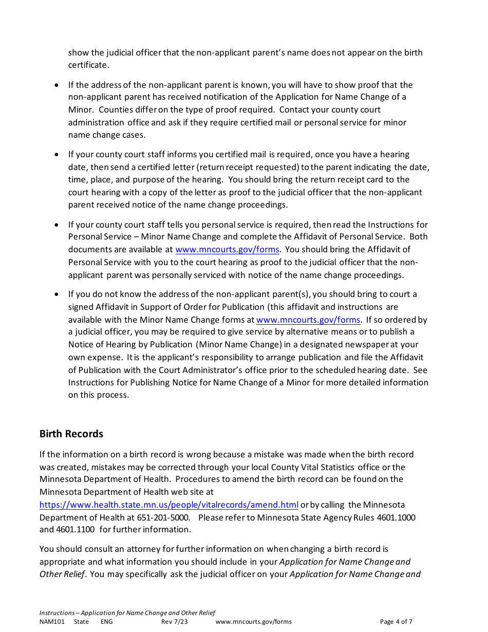 Form NAM101 Instructions - Application for Name Change and Other Relief - Minnesota, Page 4