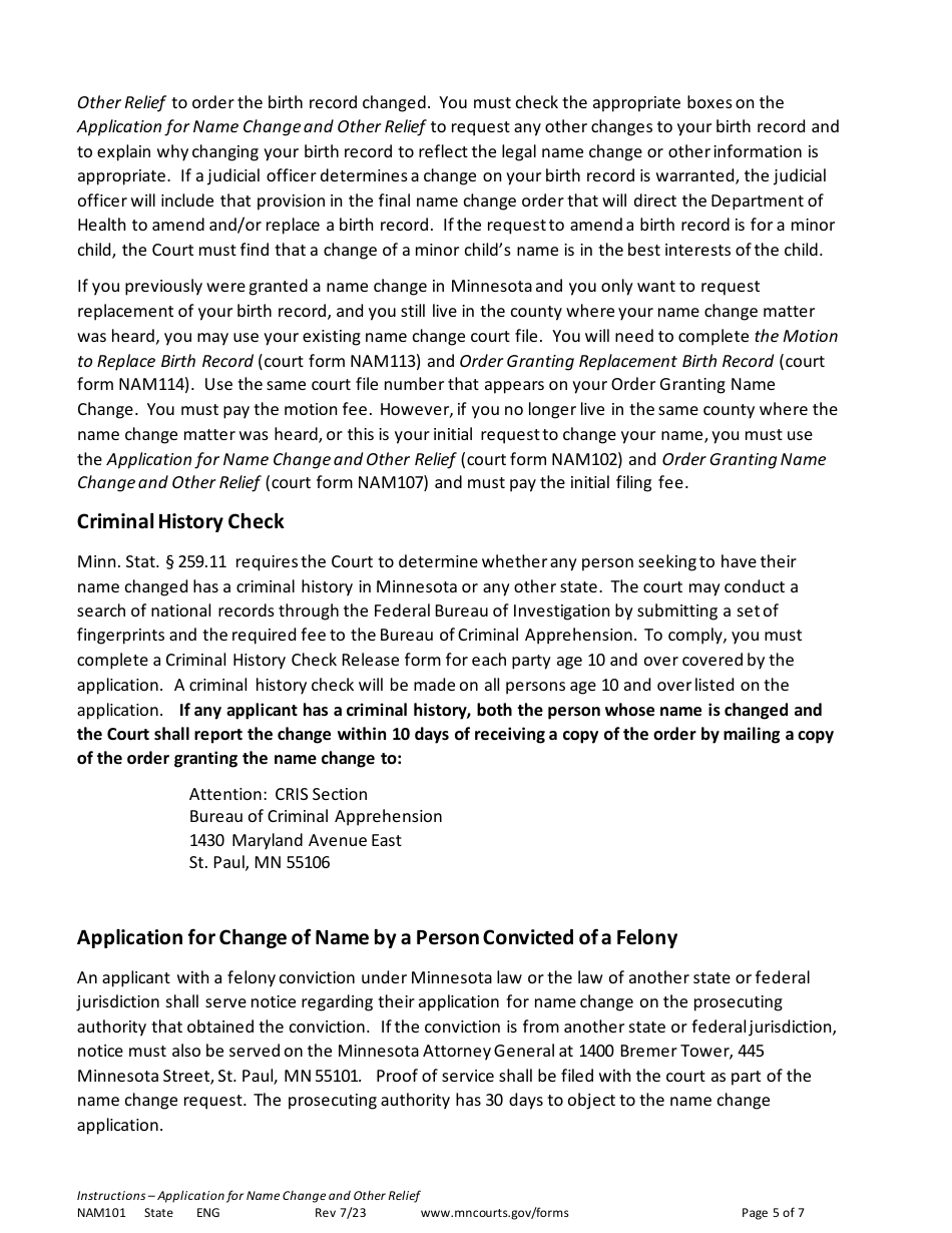 Form NAM101 Instructions - Application for Name Change and Other Relief - Minnesota, Page 5