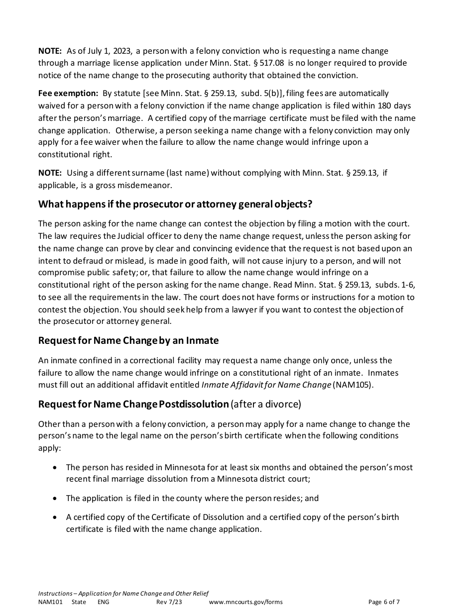 Form NAM101 Instructions - Application for Name Change and Other Relief - Minnesota, Page 6