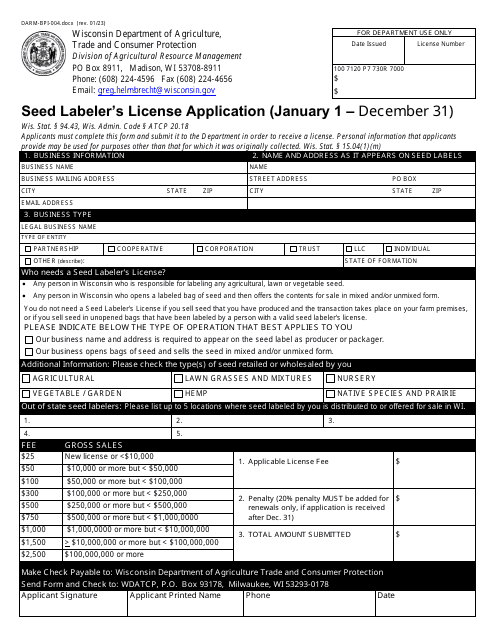 Form DARM-BPI-004 Seed Labeler's License Application - Wisconsin