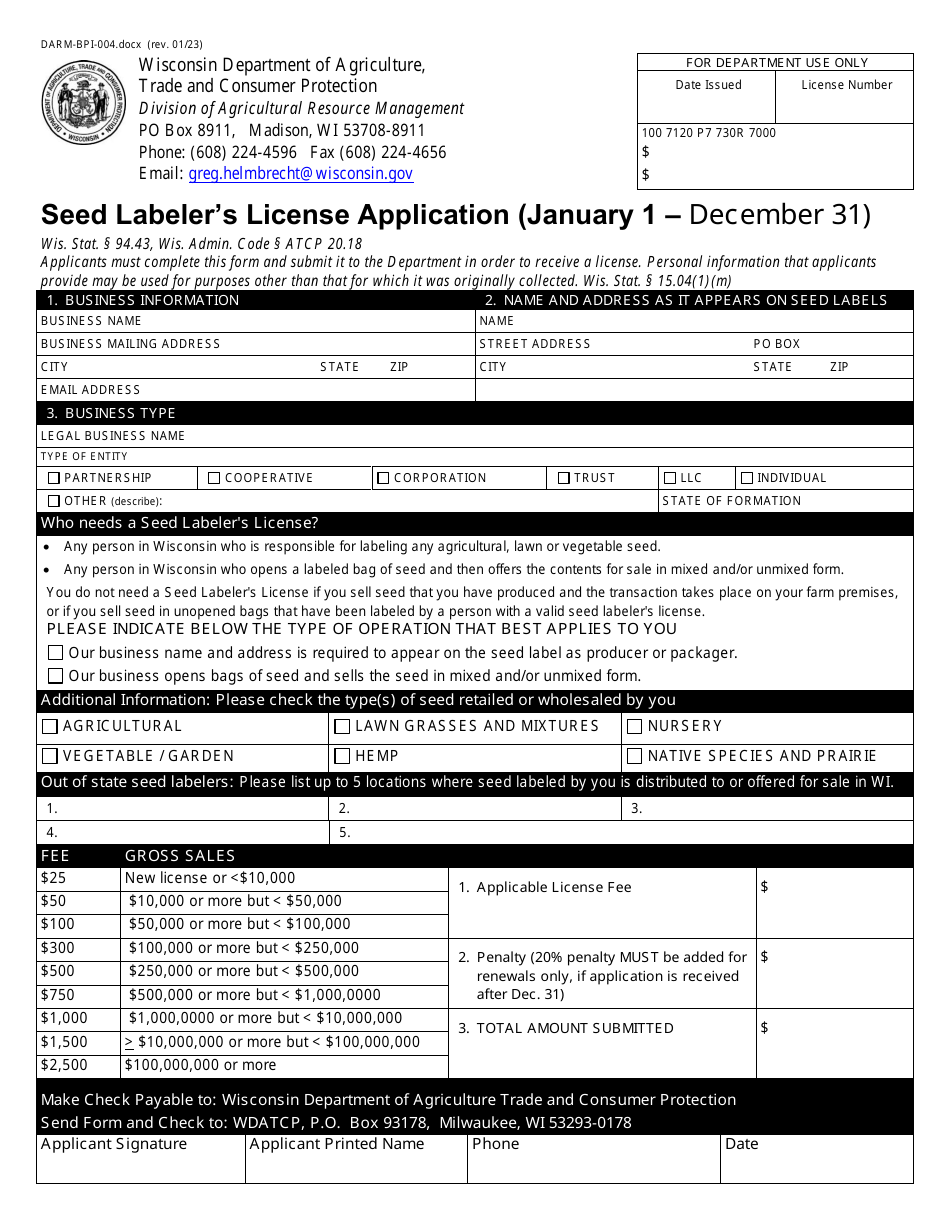 Form DARM-BPI-004 Seed Labelers License Application - Wisconsin, Page 1