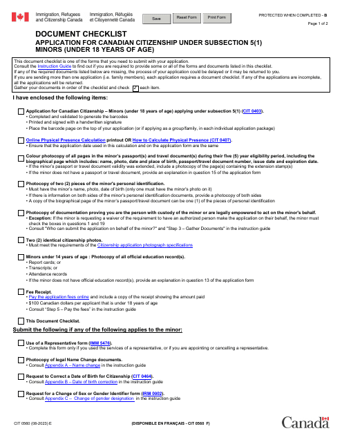Form CIT0560 Document Checklist - Application for Canadian Citizenship Under Subsection 5(1) - Minors (Under 18 Years of Age) - Canada