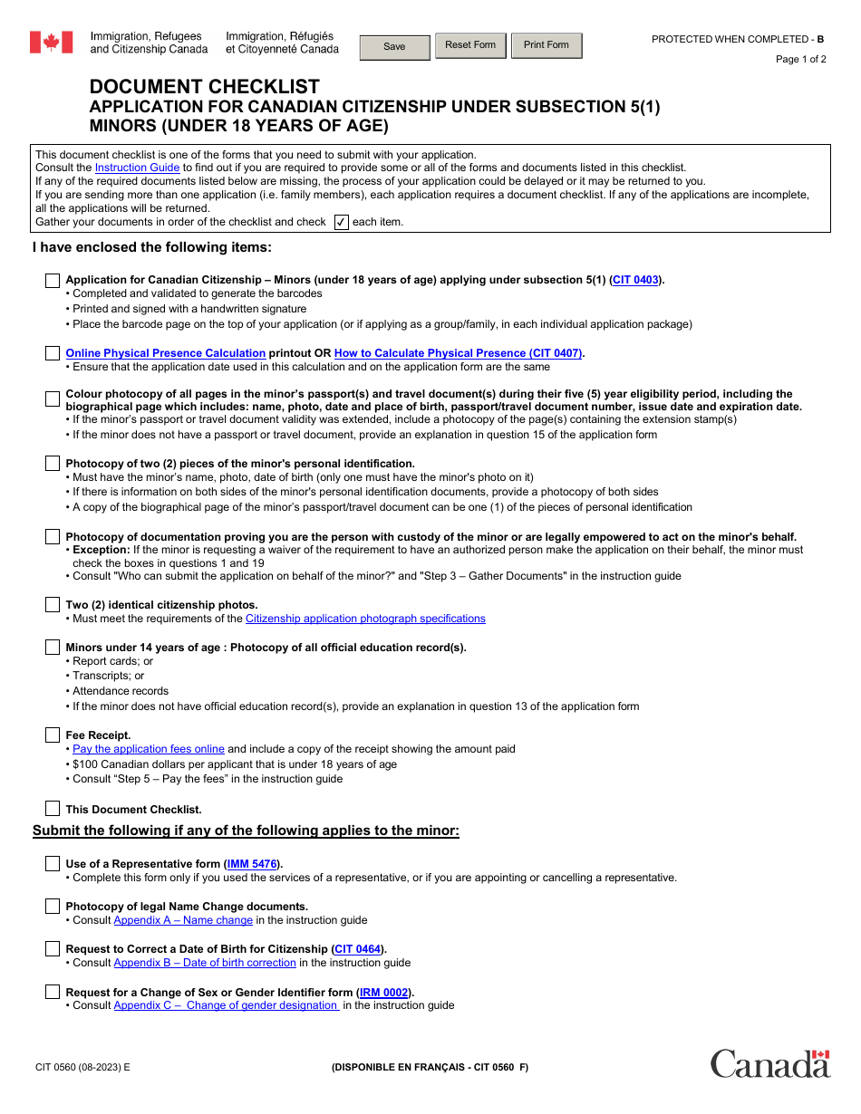 Form CIT0560 Document Checklist - Application for Canadian Citizenship Under Subsection 5(1) - Minors (Under 18 Years of Age) - Canada, Page 1