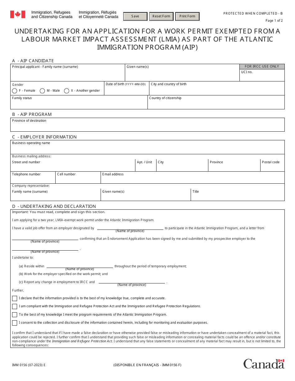 Form IMM0156 Undertaking for an Application for a Work Permit Exempted From a Labour Market Impact Assessment (Lmia) as Part of the Atlantic Immigration Program (Aip) - Canada, Page 1