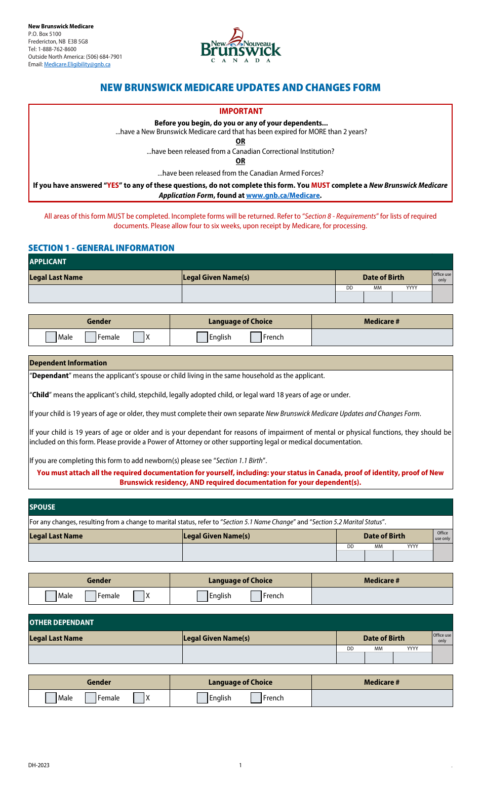New Brunswick Medicare Updates and Changes Form - New Brunswick, Canada, Page 1