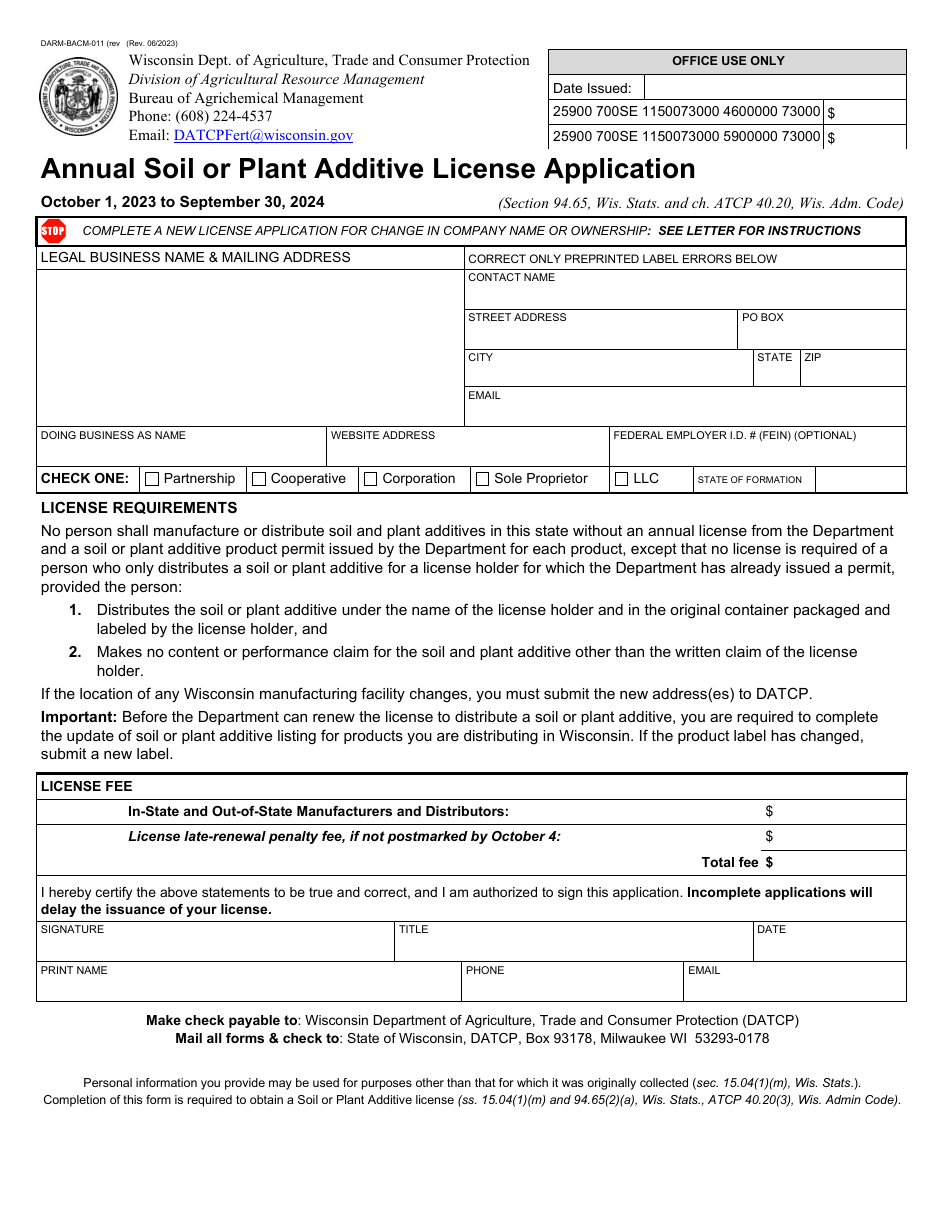 Form DARM-BACM-011 Annual Soil or Plant Additive License Application - Wisconsin, Page 1