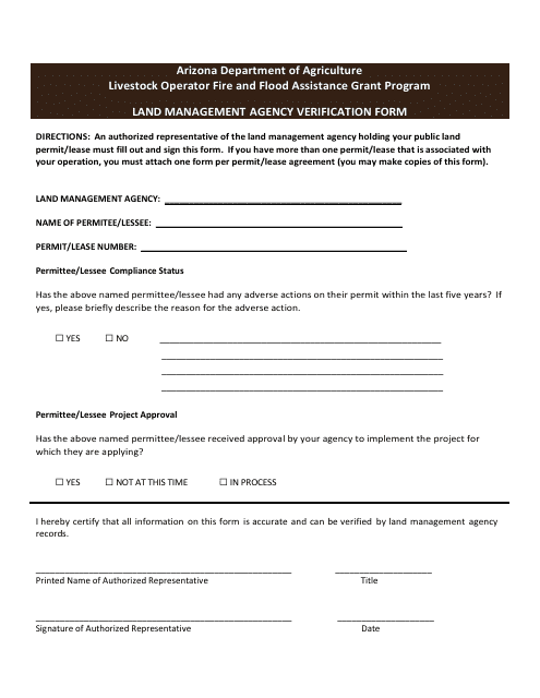 Land Management Agency Verification Form - Livestock Operator Fire and Flood Assistance Grant Program - Arizona Download Pdf