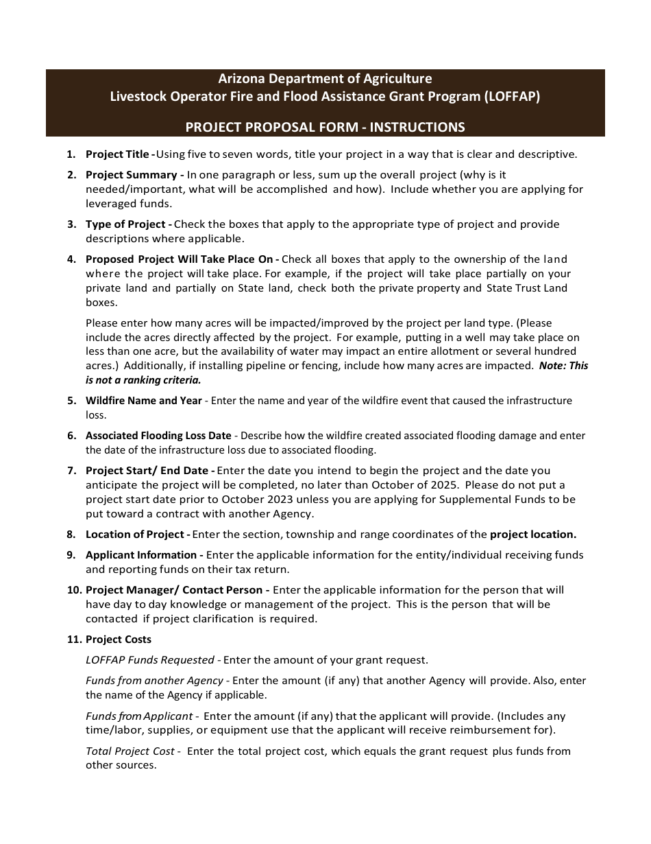 Project Proposal Form - Livestock Operator Fire and Flood Assistance Grant Program (Loffap) - Arizona, Page 1