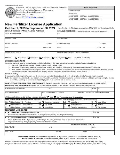 Form DARM-BACM-001 New Fertilizer License Application - Wisconsin, 2024