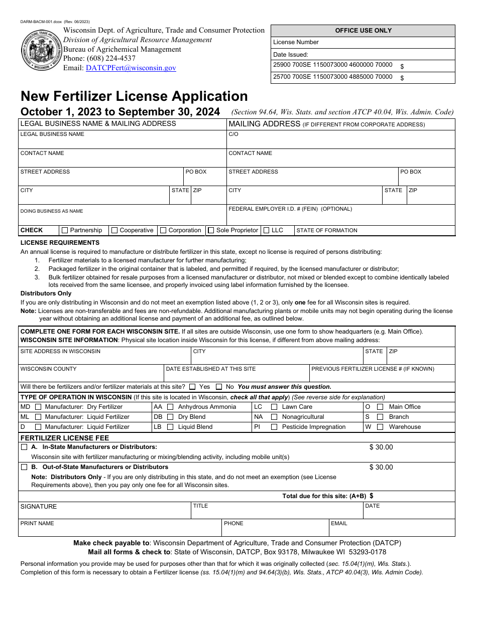 Form DARM-BACM-001 New Fertilizer License Application - Wisconsin, Page 1