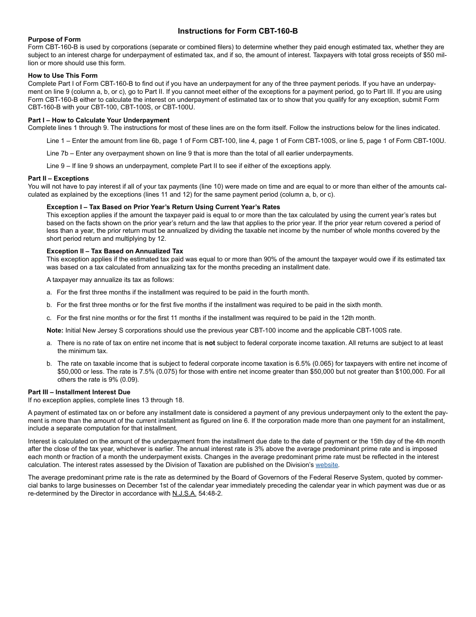 Form CBT-160-B Underpayment of Estimated Nj Corporation Business Tax for Taxpayers With Gross Receipts of $50 Million or More - New Jersey, Page 2