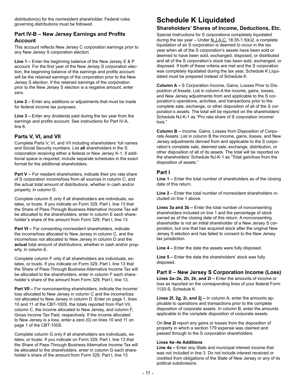 Instructions for Form CBT-100S New Jersey S Corporation Business Tax Return - New Jersey, Page 11
