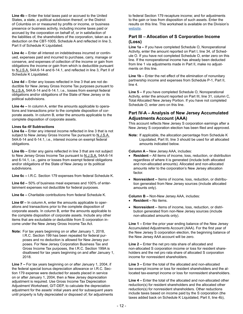 Instructions for Form CBT-100S New Jersey S Corporation Business Tax Return - New Jersey, Page 12
