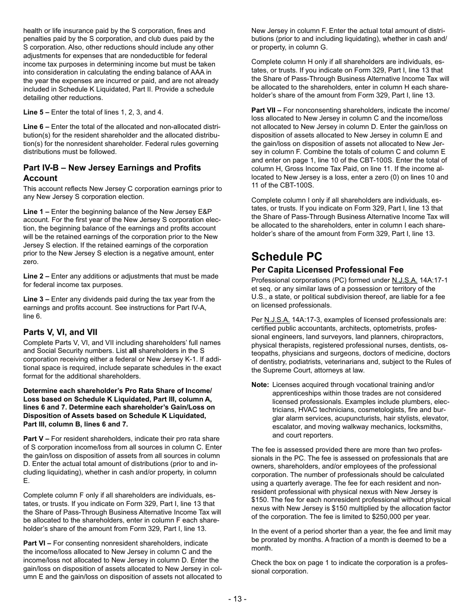 Instructions for Form CBT-100S New Jersey S Corporation Business Tax Return - New Jersey, Page 13