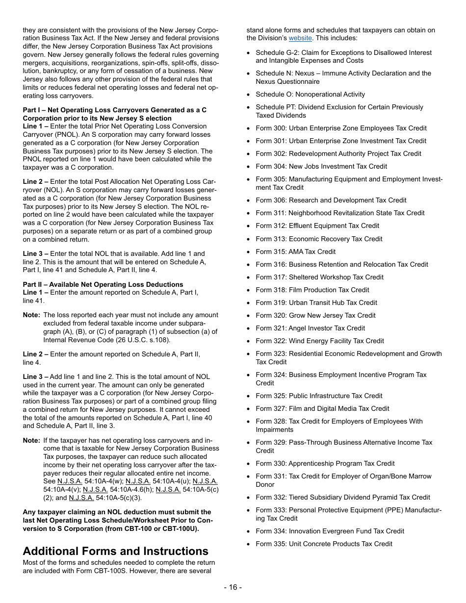 Instructions for Form CBT-100S New Jersey S Corporation Business Tax Return - New Jersey, Page 16