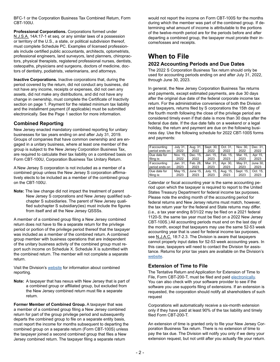 Instructions for Form CBT-100S New Jersey S Corporation Business Tax Return - New Jersey, Page 2