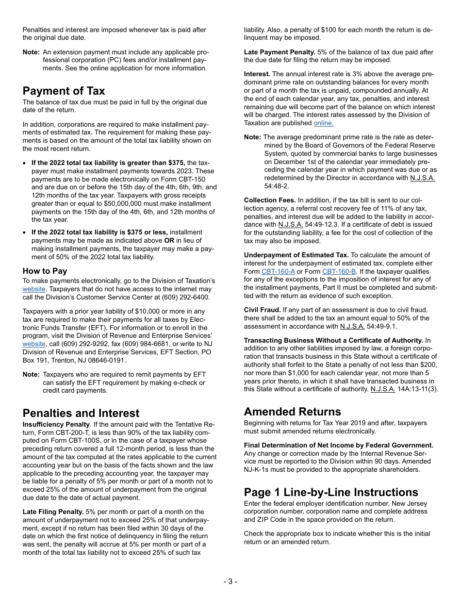 Instructions for Form CBT-100S New Jersey S Corporation Business Tax Return - New Jersey, Page 3