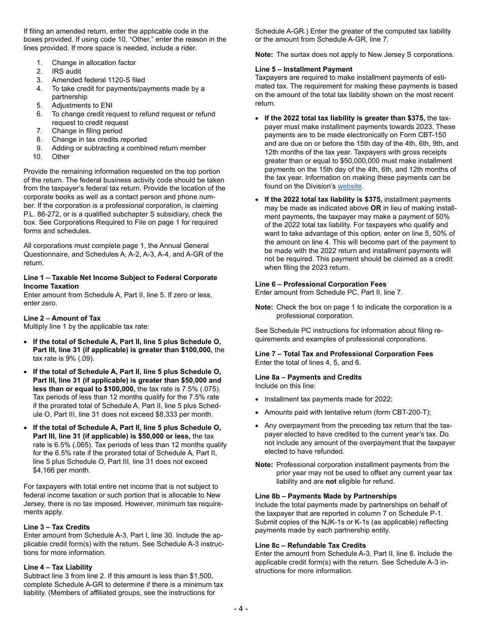 Instructions for Form CBT-100S New Jersey S Corporation Business Tax Return - New Jersey, Page 4